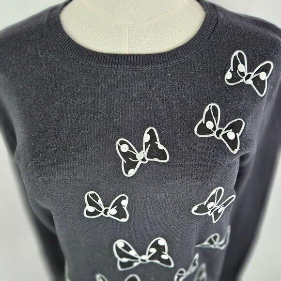 Disney Parks Minnie Mouse Hair Bow Black Sweater Embroidery Small Crew Neck - Picture 2 of 9